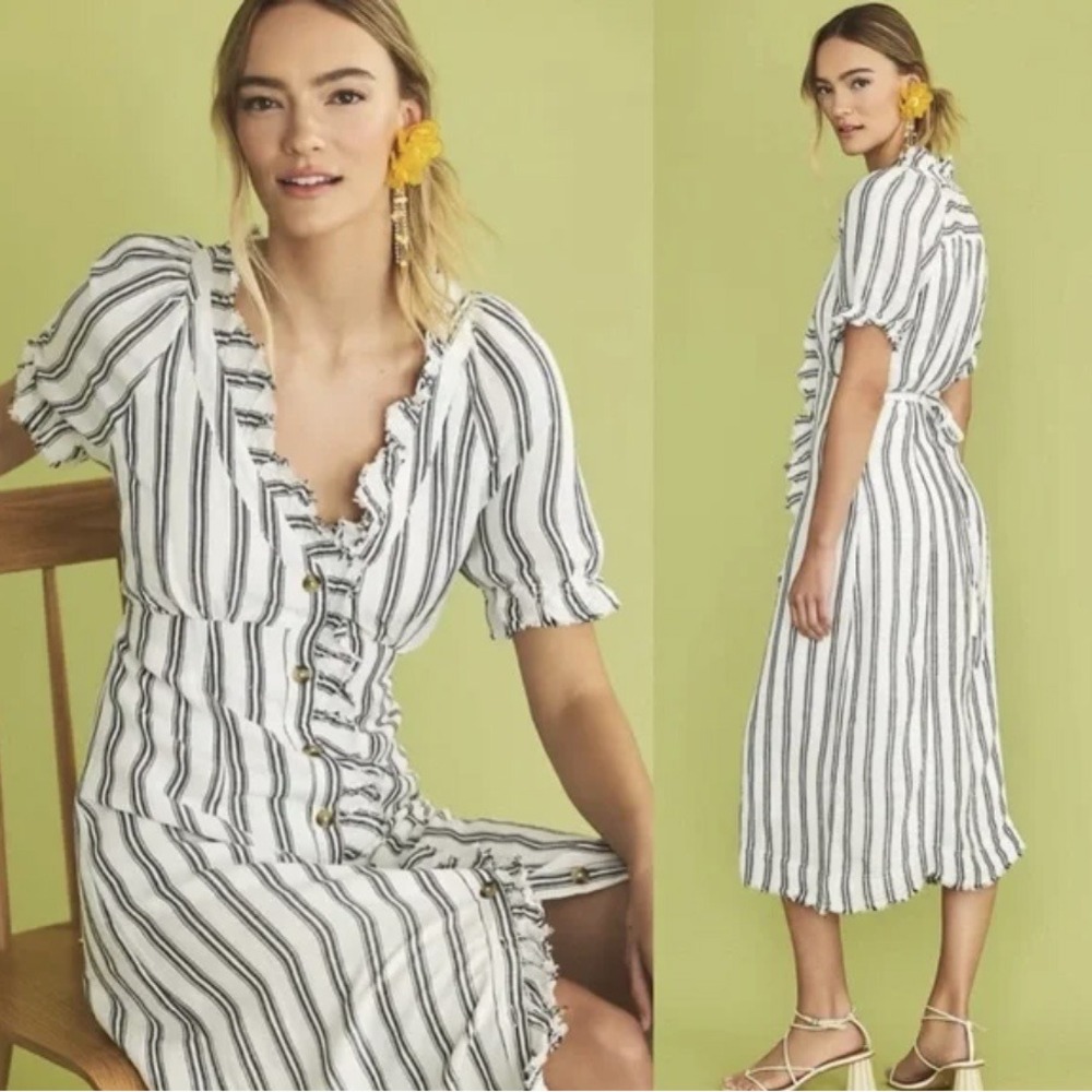 Pilcro‎ Anthropologie Striped Ruffle Collar Midi Dress Button Front Coastal 16W